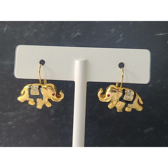 Gold Tone Metal Elephant Shaped Red Rhinestone Eyes Leverback Earrings Vintage - Picture 4 of 10